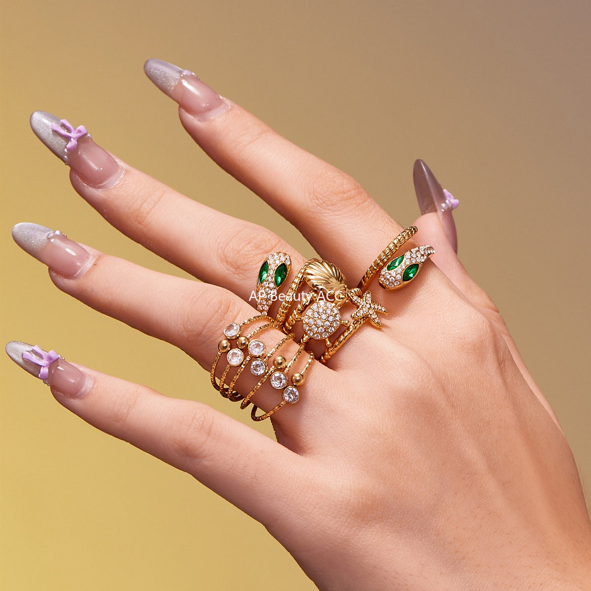 B廠-超閃5A鋯石蛇形開口戒指尾戒不鏽鋼鍍18k真金簡約時尚飾品「A659」25.11-1