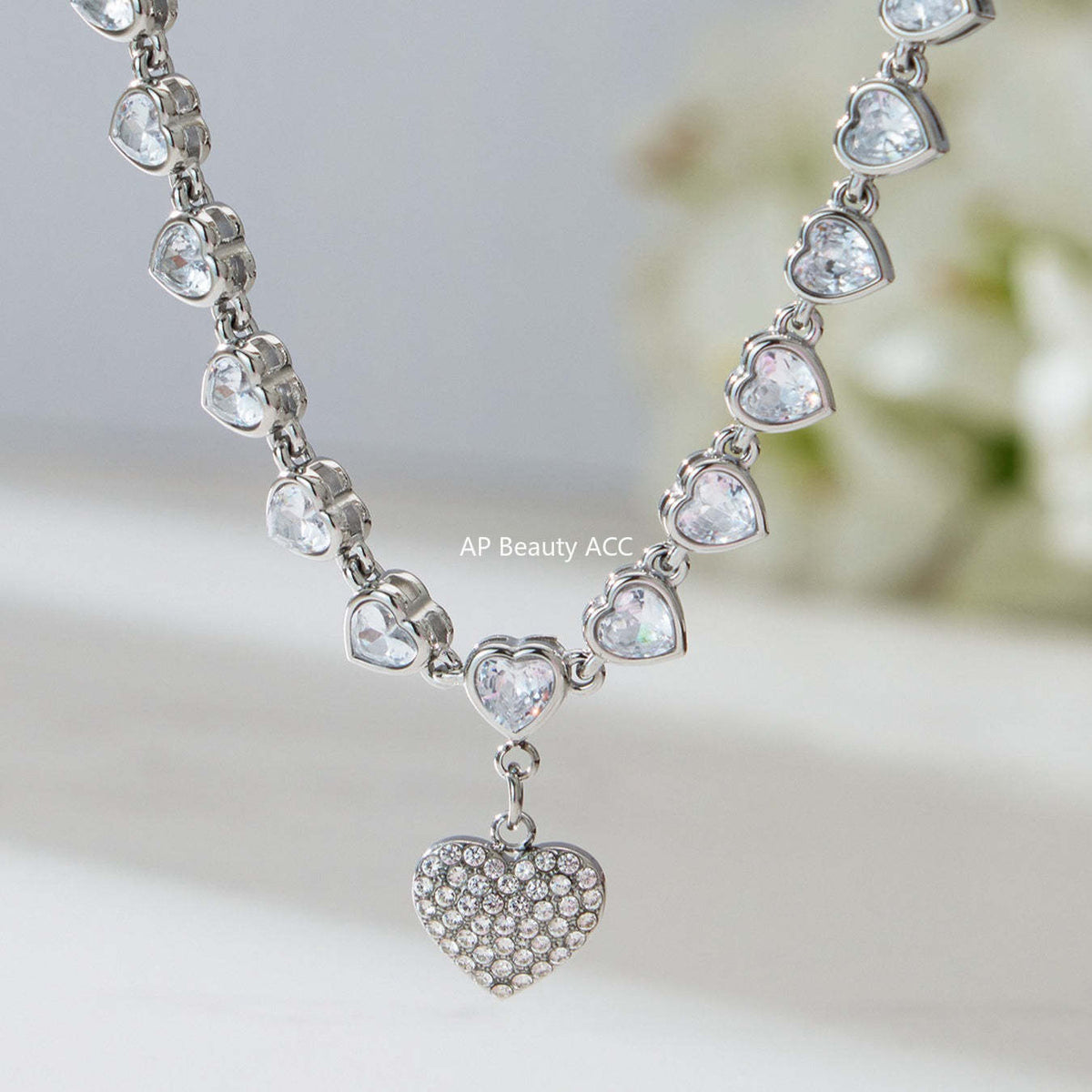 B廠-超閃5A鋯石滿鑽15個愛心鎖骨項鍊不鏽鋼鍍18k真金珠寶首飾「P970」25.11-4