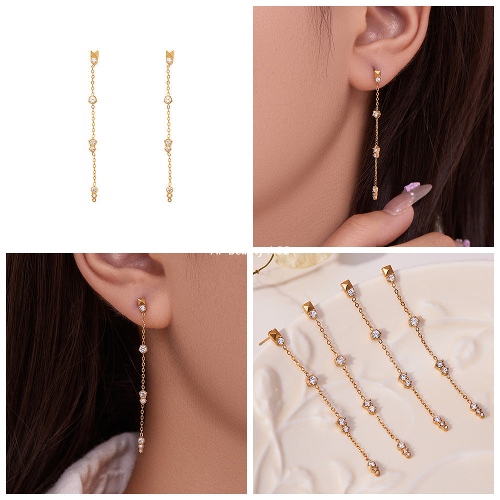 B廠-不鏽鋼流蘇鋯石耳環鍍18k真金chic風歐美時尚輕奢百搭耳飾「F932」25.11-2