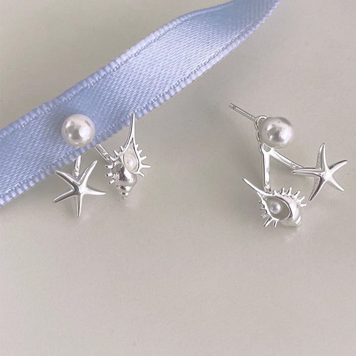 C廠-後掛式珍珠耳釘女小眾設計感海星海螺耳環5新爆銀針耳飾「EH-3098.eb-SJ」25.12-1