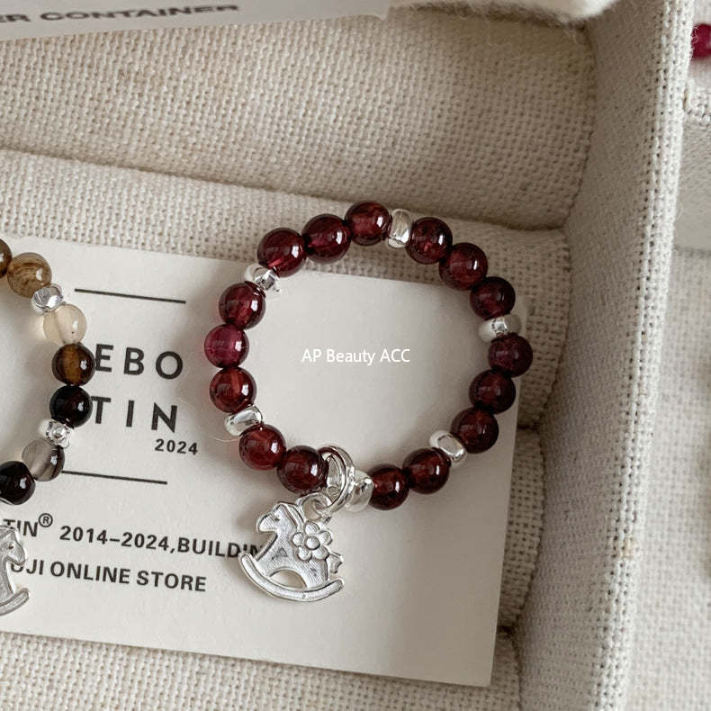 C廠-古風花朵葉子福袋小馬元寶蘋果紅瑪瑙彈力戒指S925純銀戒指女士「RB」25.11-4