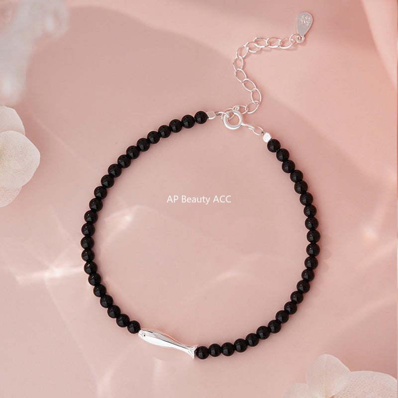 D廠-S999足銀小魚黑瑪瑙手鍊個性創意可愛ins韓風溫柔手飾批發「YC5314SL_1」25.10-5