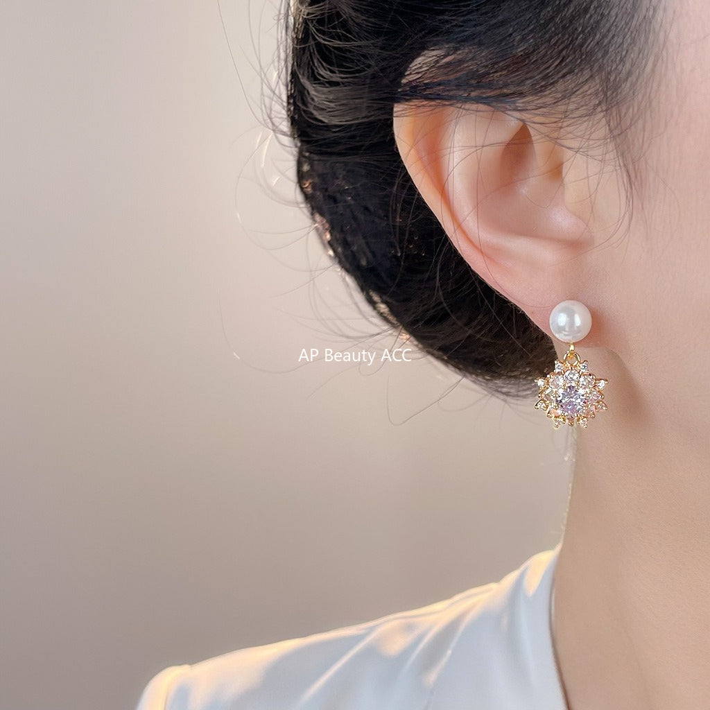 A廠-時尚輕奢高級感鋯石雪花珍珠耳環氣質唯美新款手工耳環「7078」25.11-2