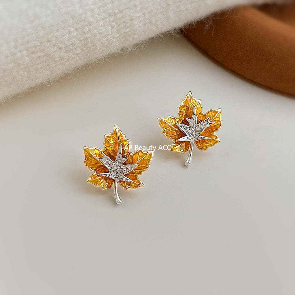A廠-爆款！楓葉雙拼色微鑲鋯石琺瑯滴釉彩繪s925銀針新款樹葉耳飾耳釘「6996」25.10-5
