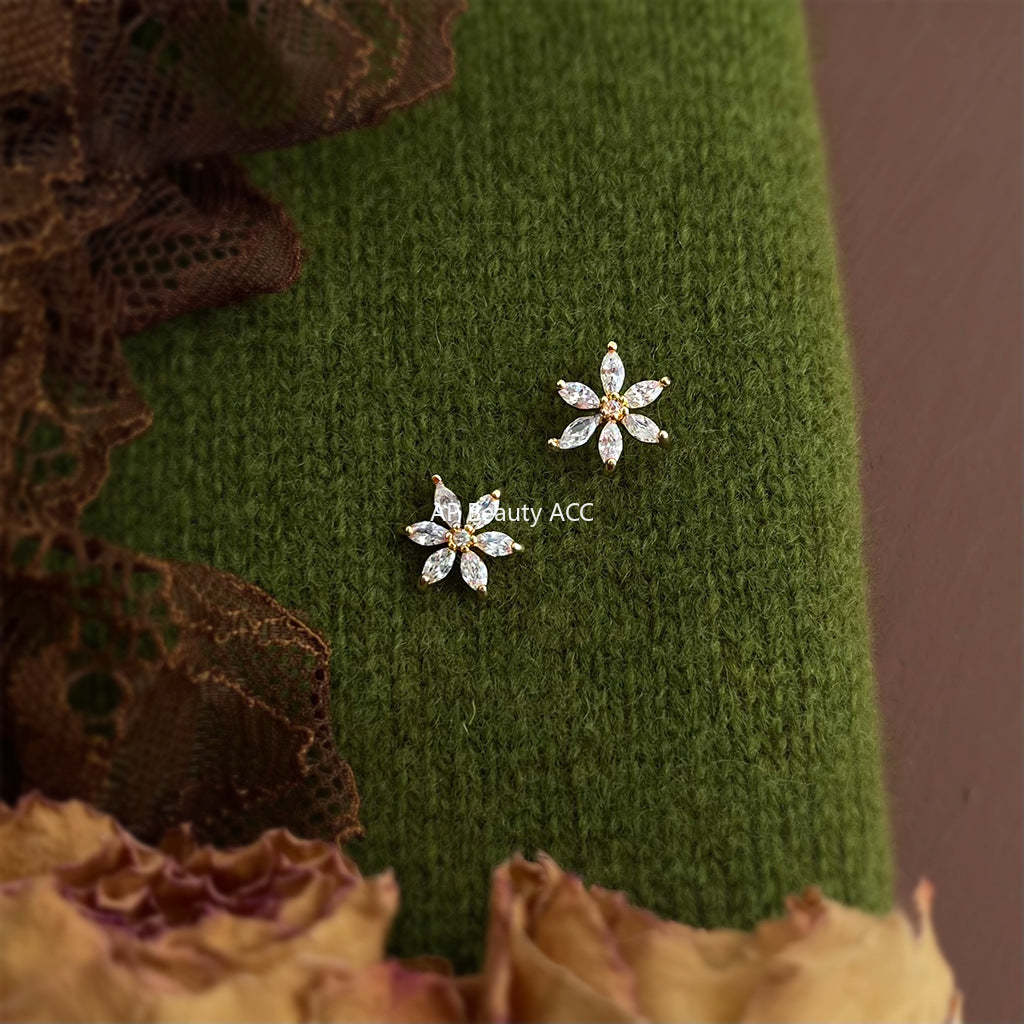 A廠-清新甜美學院風簡約小巧時尚通勤百搭鋯石花朵小耳環工廠耳飾飾品「7099」25.11-3