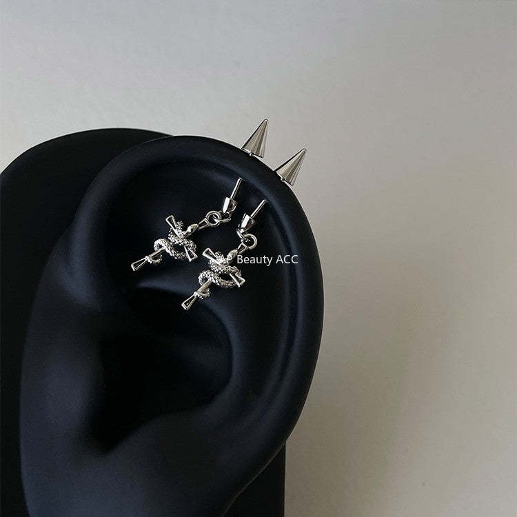 C廠-酷颯黑暗風纏繞小蛇十字架耳釘女輕奢高級感氣質鈦鋼耳骨釘新耳飾「EH-4346」25.12-3