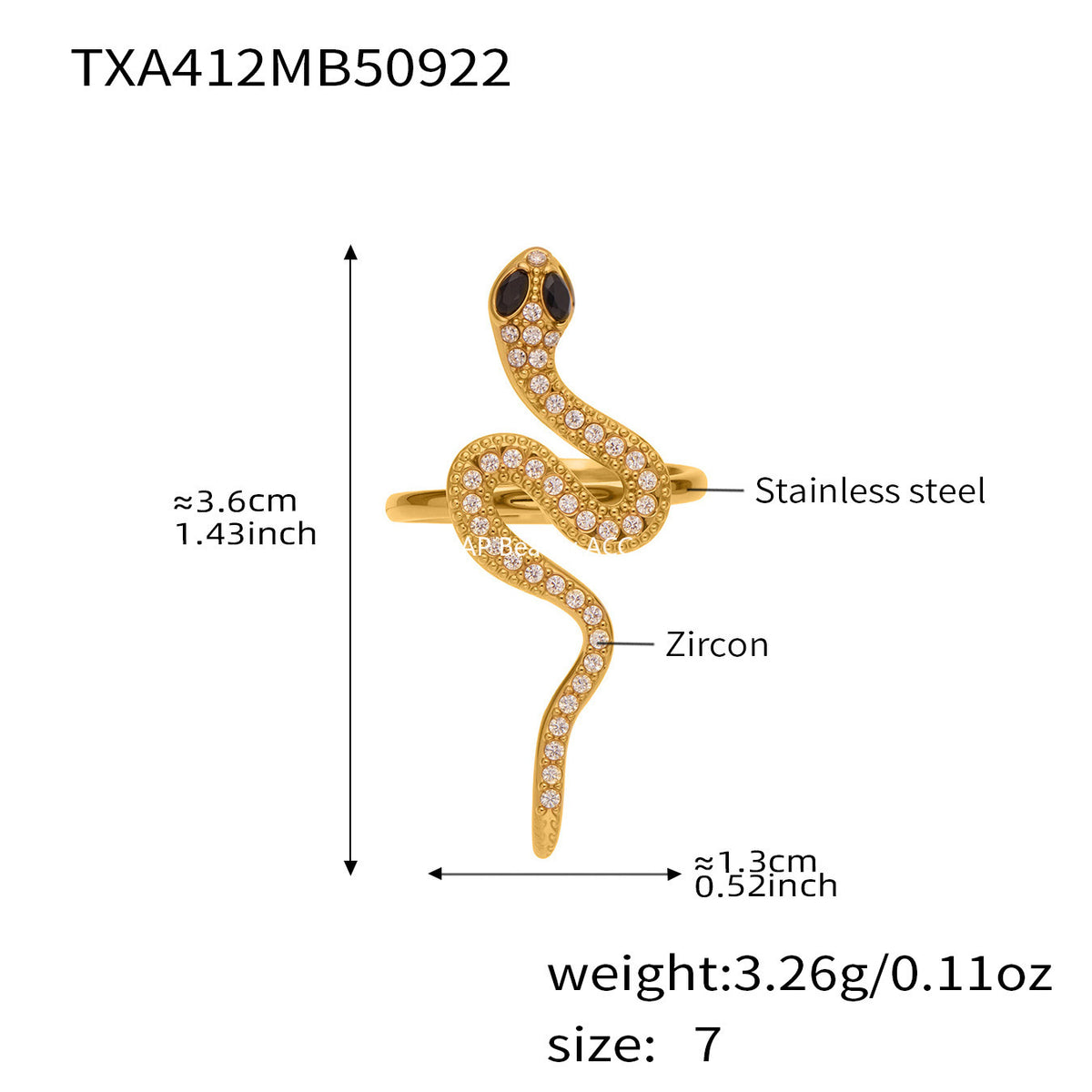 B廠-精緻5A鋯石蛇形滿鑽不鏽鋼戒指耳環首飾套裝鍍18k金跨境飾「TXF412」25.10-1