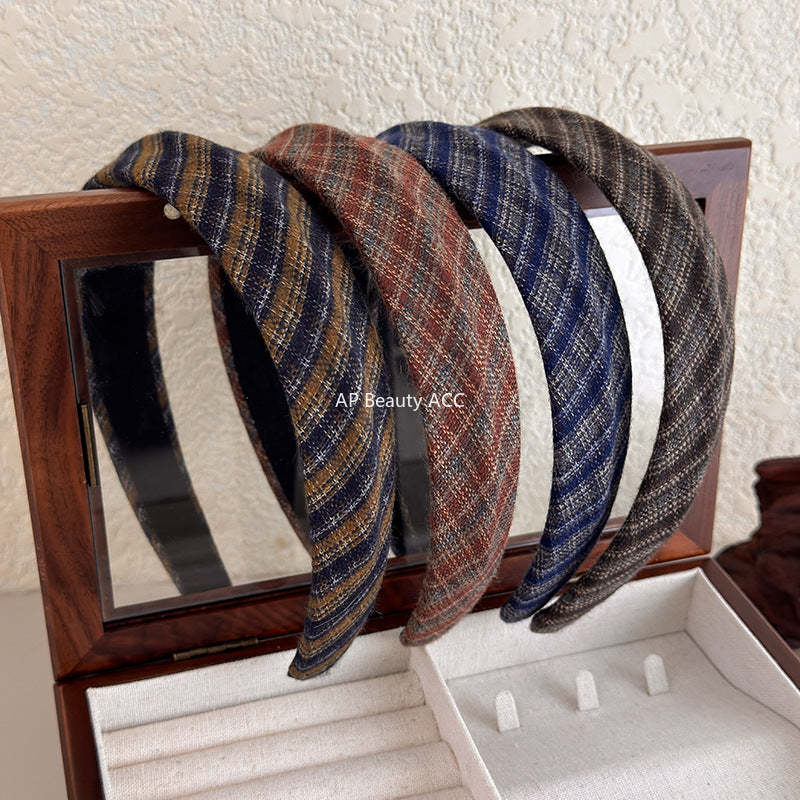 E廠-韓國經典復古格紋凹凸髮箍女2025新款法式高顱頂寬邊氣質頭箍髮飾「27675」25.11-3