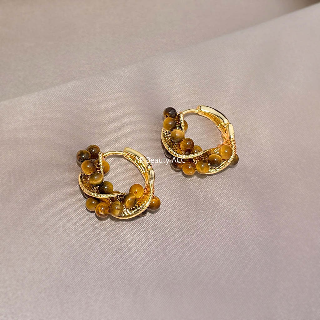 A廠-爆款虎眼石美拉德風時尚高級感手工幾何麻花圓形耳環文藝復古耳飾「7149」25.11-4