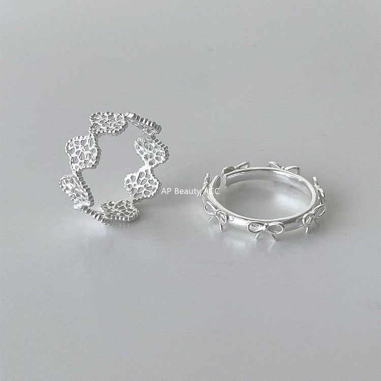 C廠-宮廷風蕾絲花邊純銀戒指輕奢小眾高級感蝴蝶結食指戒百搭氣質指環「JZ-0726」25.11-1