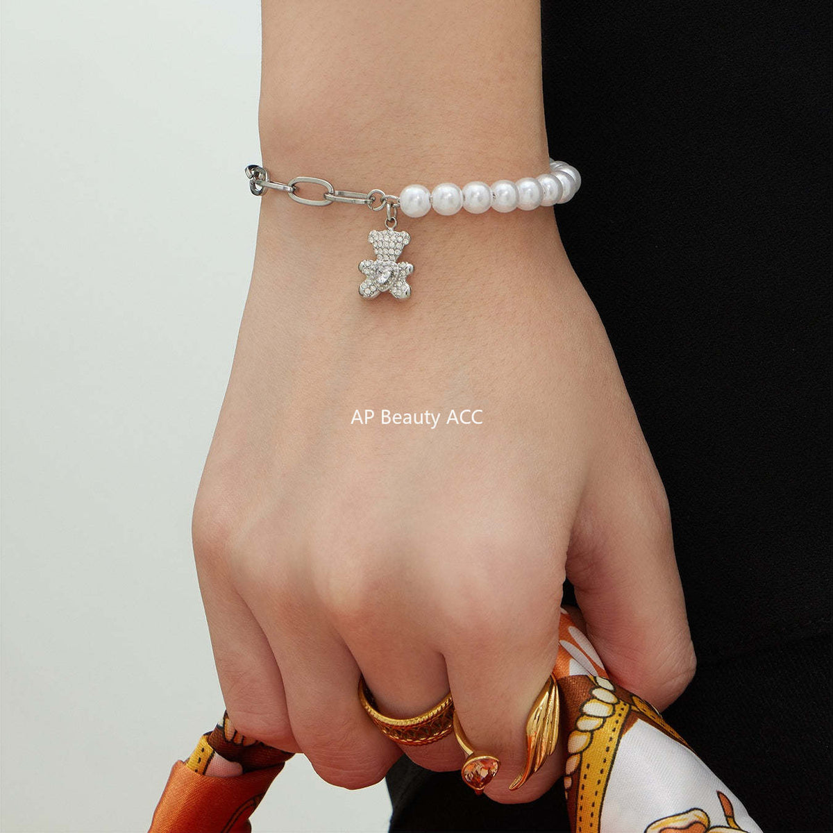 B廠-不鏽鋼愛心小熊鑲鋯石吊墜手工貝珠手鍊手指鏈組合手上鍍18k真金「E153-E162」25.12-3