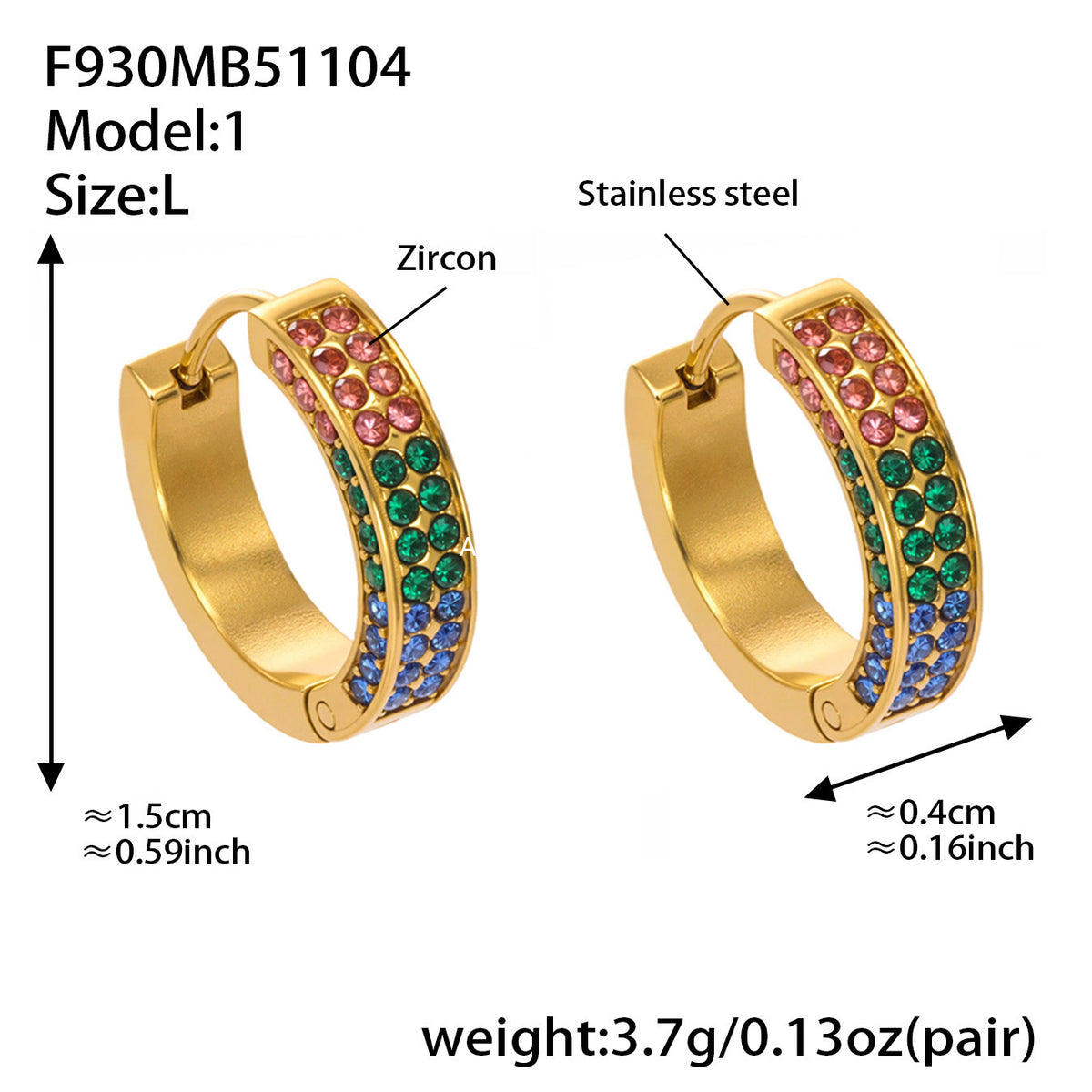 B廠-ins風高質量彩色5A鋯石圓圈卡扣耳環不鏽鋼鍍18k真金耳飾女「F930」25.11-2