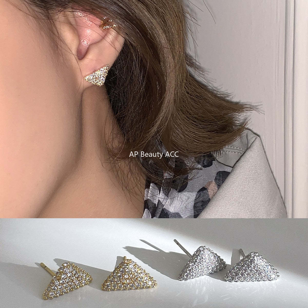 C廠-立體滿鋯石三角形氣質絕美耳釘女輕奢高級感精緻耳環時尚優雅耳飾「EH-4321」25.12-3