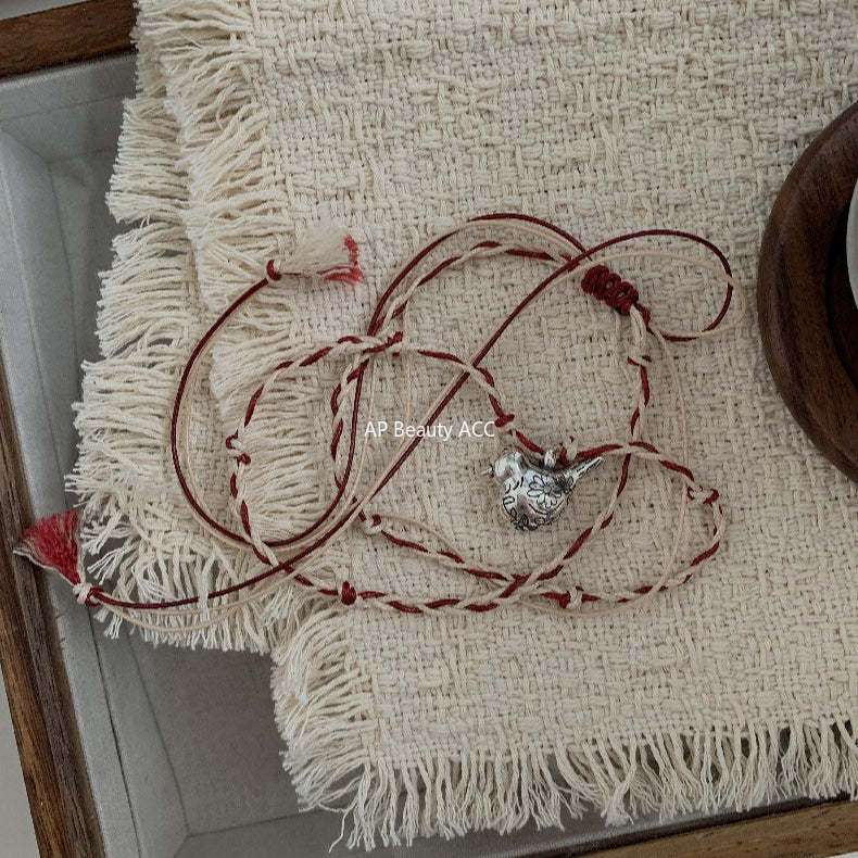 C廠-多寶滿足鳥串珠吊墜S925純銀項鍊女復古小眾高級感編織繩毛衣鏈「1633」25.12-3