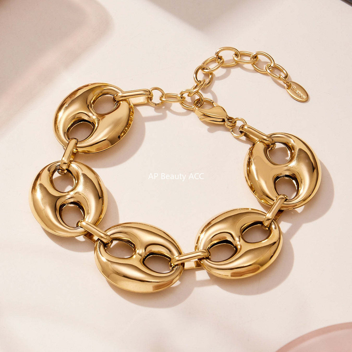 B廠-時尚輕奢風光面橢圓形豬鼻子項鍊手鍊套裝不鏽鋼鍍18k真金「TXP466」25.11-3