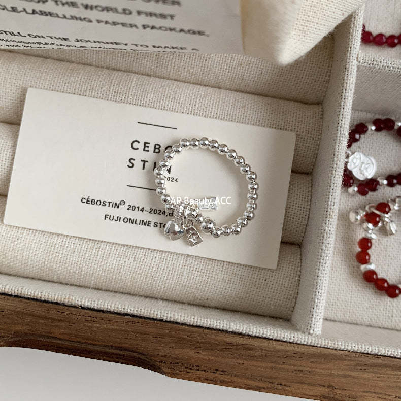 C廠-古風花朵葉子福袋小馬元寶蘋果紅瑪瑙彈力戒指S925純銀戒指女士「RB」25.11-4