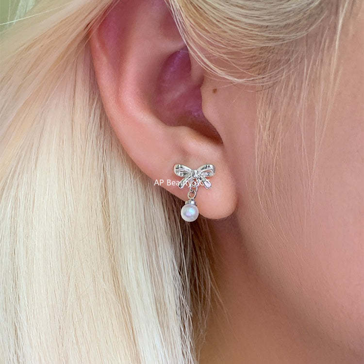 C廠-簡約小巧蝴蝶結耳釘女設計感高級百搭銀針耳環甜美小香風珍珠耳飾「EH-4319」25.12-3