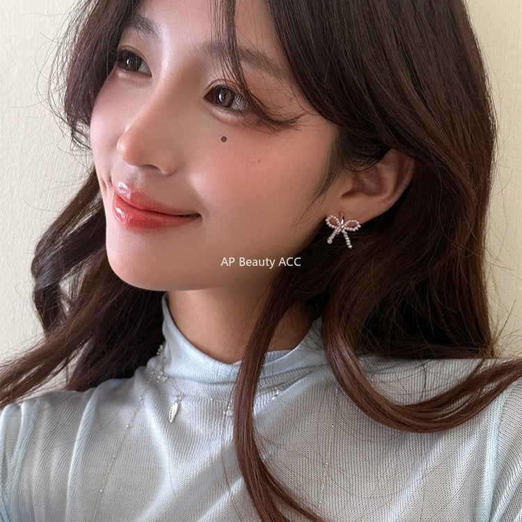 C廠-甜美小香風串珠蝴蝶結耳釘女絕美百搭高級感耳環韓系輕奢氣質耳飾「EH-4125」25.11-1