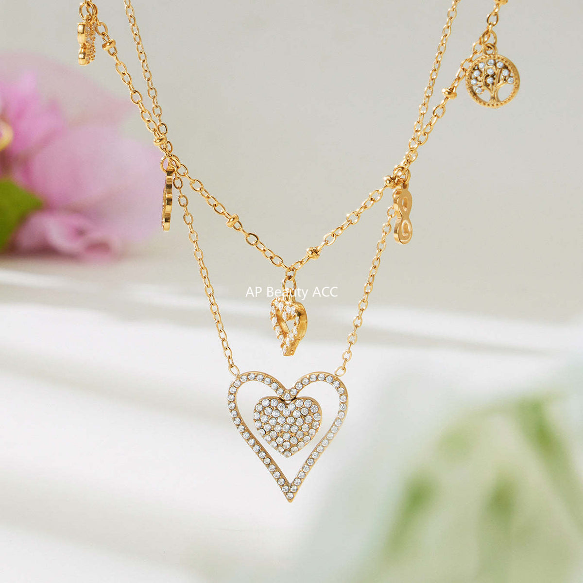 B廠-跨境新款靈動愛心滿鑽鋯石吊墜雙層鎖骨項鍊不鏽鋼鍍18k金「P874」25.11-4