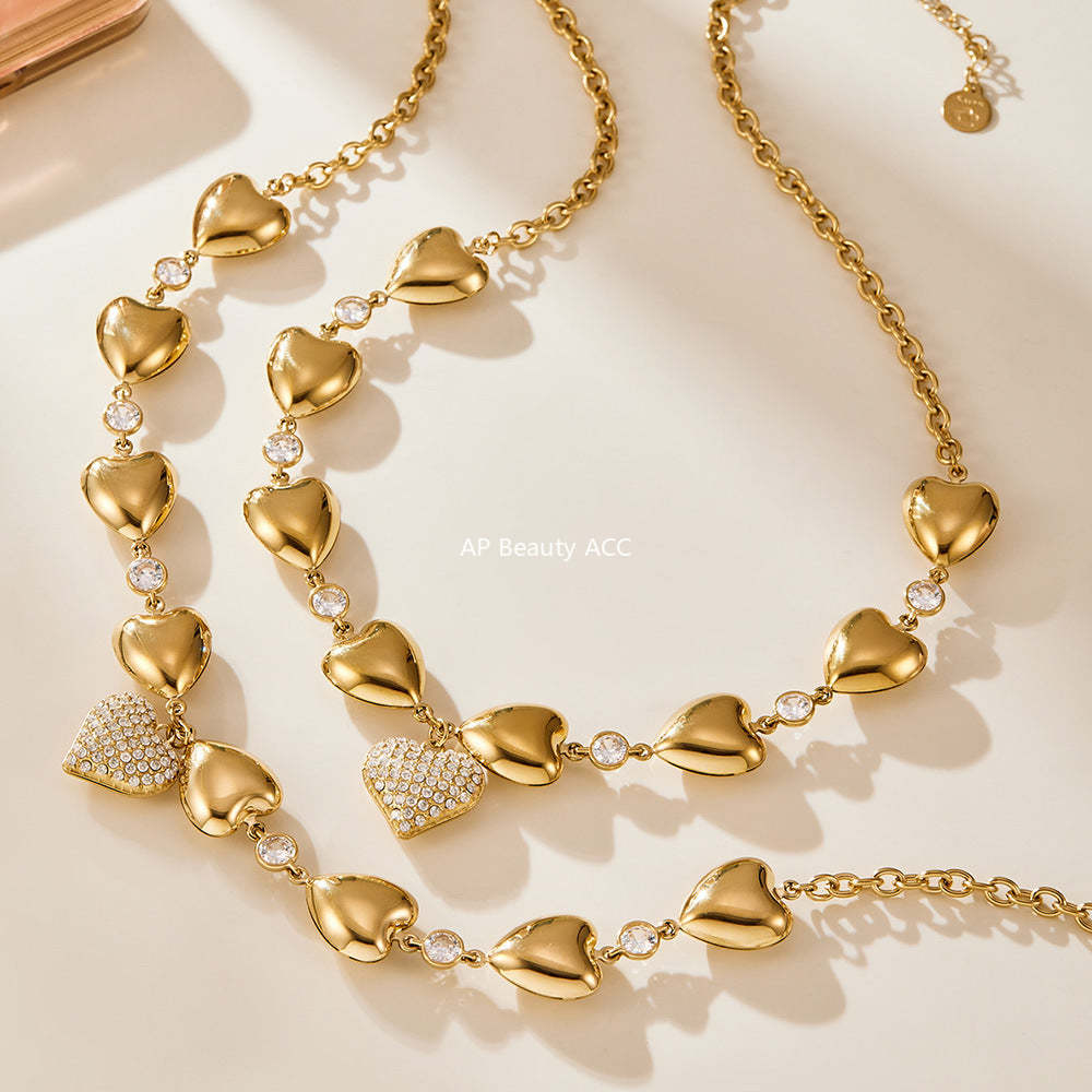 B廠-重工高質5A鋯石愛心滿鑽不鏽鋼空心項鍊鍍18k真金珠寶首飾「P1344」25.11-3
