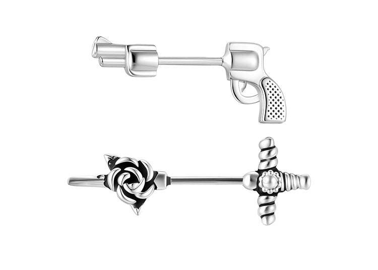 C廠-獨特冷淡風小手槍銀針耳釘女甜酷高級感玫瑰花十字架耳骨釘新耳飾「EH-4190」25.10-5