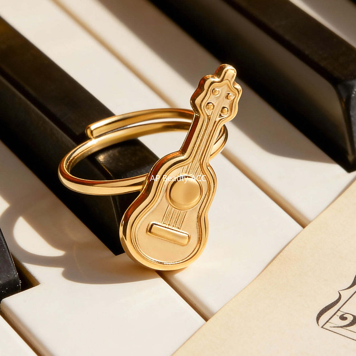 B廠-不鏽鋼小吉他開口戒指鍍18k真金學院風個性潮酷配飾ins小眾設計感「A542」25.12-3