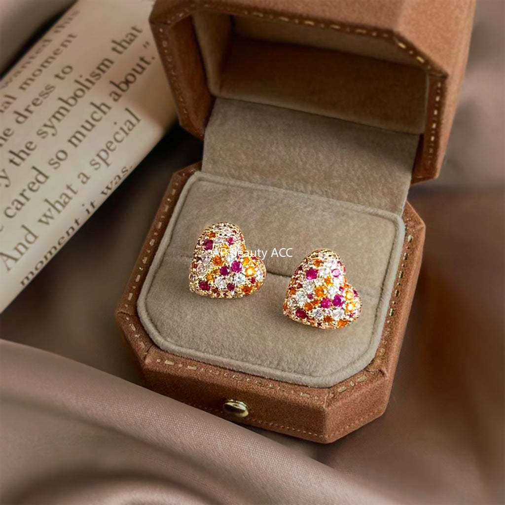 A廠-輕奢風時尚滿鋯石彩鑽愛心 925銀針耳環女時尚高級感通勤百搭耳飾「7180」25.12-1