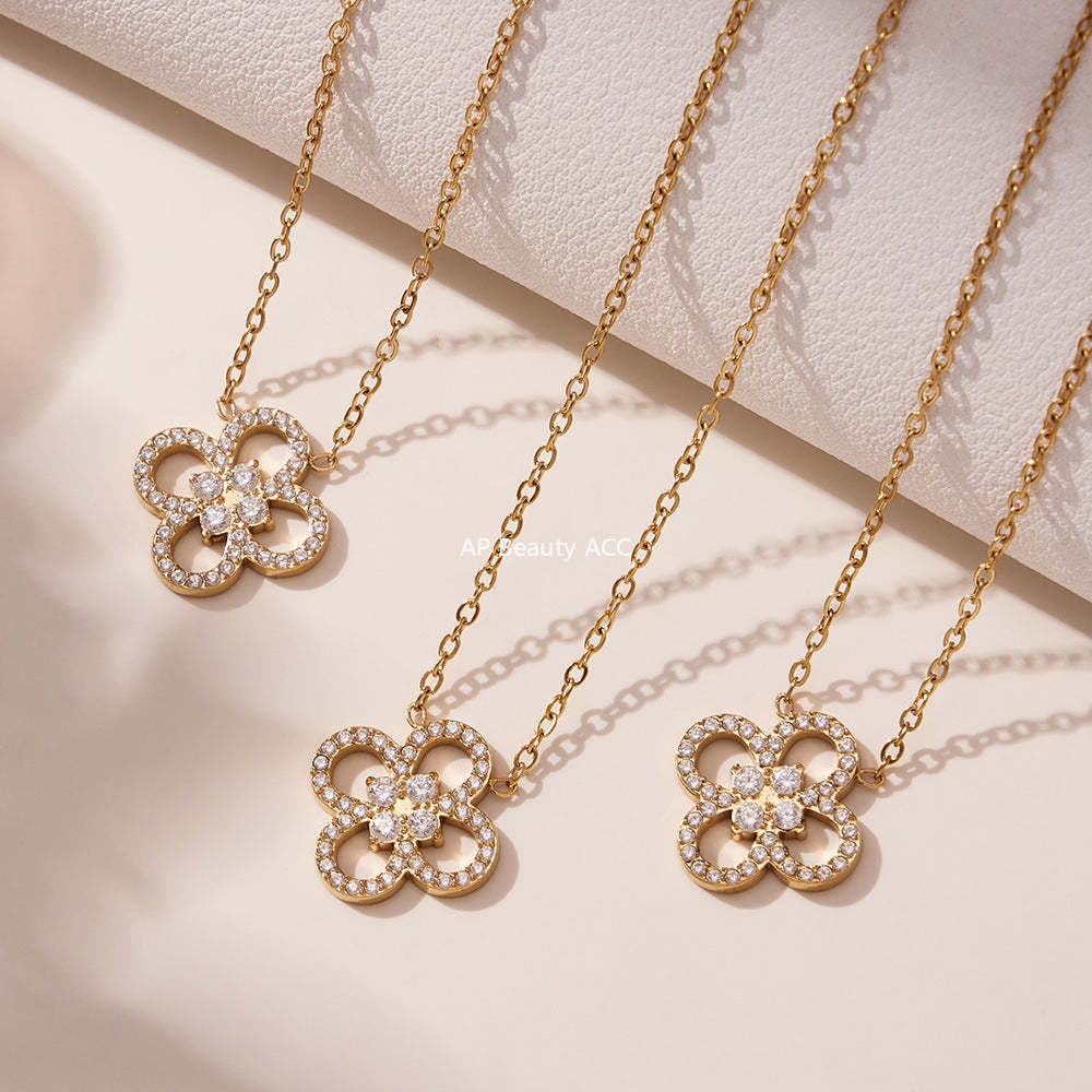 B廠-不鏽鋼四葉草鋯石項鍊手鍊 鍍18k金歐美時尚百搭個性首飾「TXP474-TXE474」25.11-3