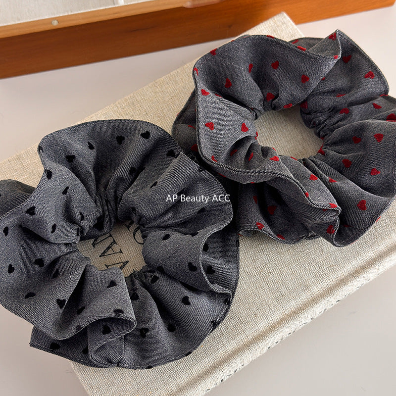 E廠-秋冬紅色波點愛心印花肥腸圈髮圈甜美時尚韓版灰色系溫柔復古髮繩「27665」25.11-2