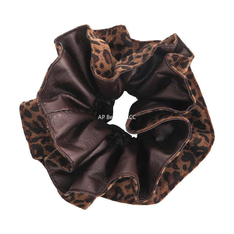 E廠-韓系pu皮豹紋雙面雙層大腸髮圈女氣質扎頭髮丸子頭髮繩低馬尾頭繩「27666」25.11-2