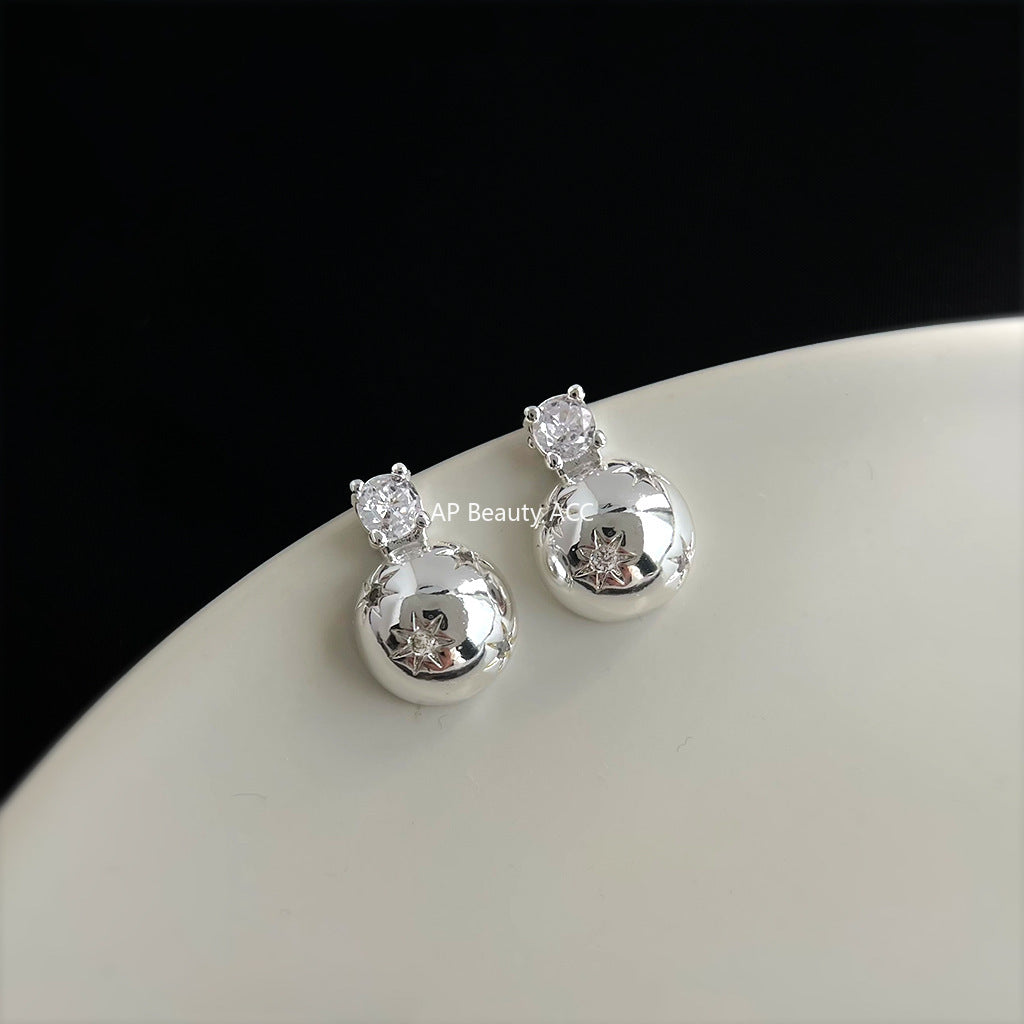 A廠-甜酷風微鑲鋯石芒星925銀針半圓幾何高級感個性新耳飾工廠 耳釘「7056」25.11-2