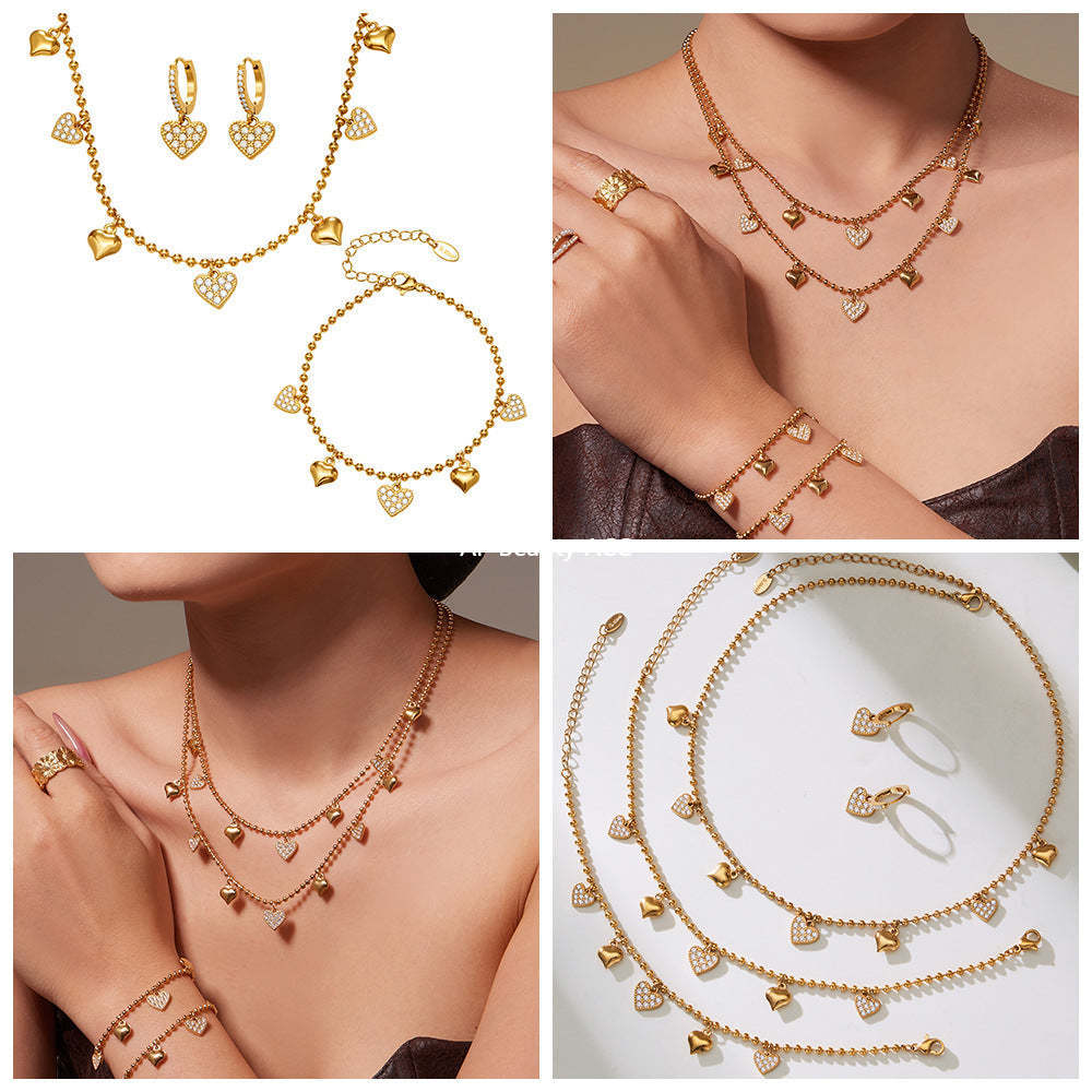 B廠-不鏽鋼愛心滿鑽鋯石吊墜耳環項鍊手鍊腳鏈套裝鍍18k真金歐美潮飾「TXP504」25.11-4