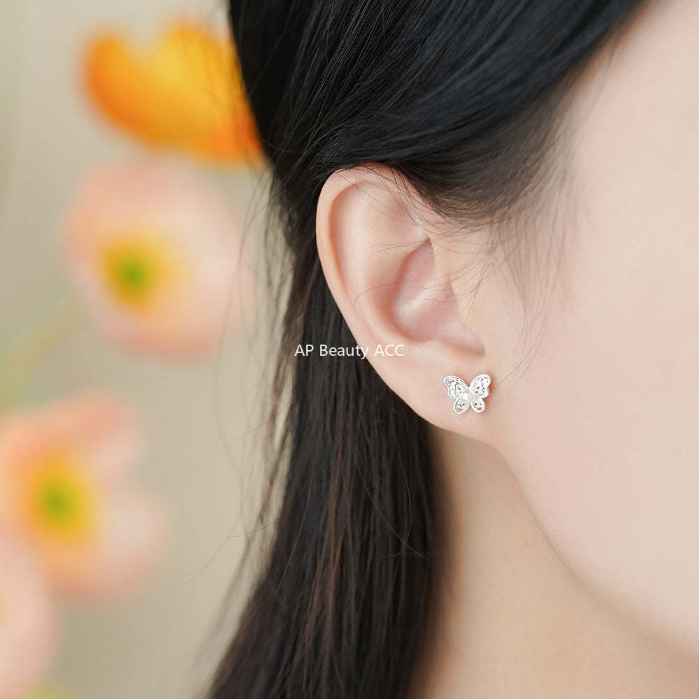 D廠-足銀S999蝴蝶珍珠螺絲耳環精緻韓版個性溫柔森系設計感耳飾「YC6253E_1」25.12-1
