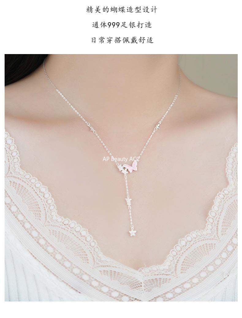 D廠-S999足銀滴膠蝴蝶花朵流蘇項鍊清新森系淡雅小眾顯瘦鎖骨鏈批發「YC2185N_1」25.11-4