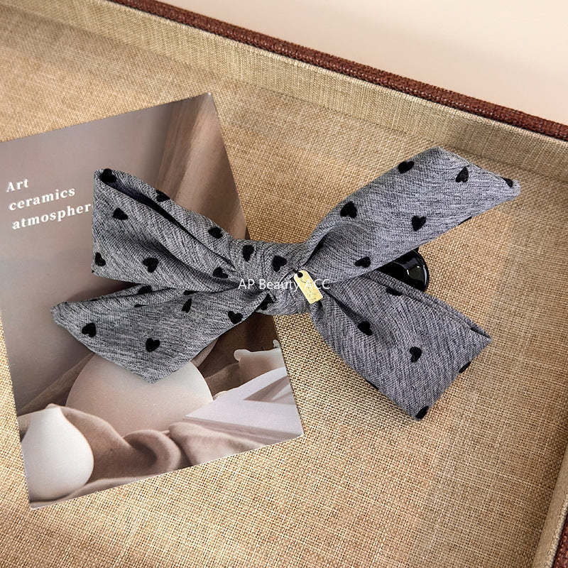 E廠-韓ins愛心波點毛呢格紋蝴蝶結金標後腦勺盤髮夾扎馬尾橫夾髮夾「27749」25.12-1