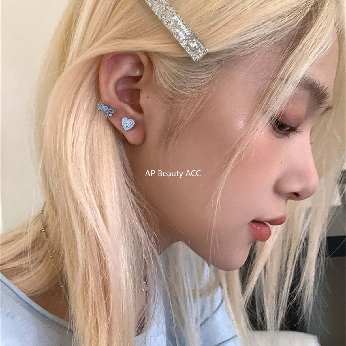 C廠-超可愛藍色愛心滴油小熊耳釘女甜美精緻少女蝴蝶結耳骨釘百搭耳飾「EH-4191」25.12-1