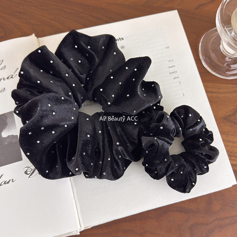 E廠-秋冬高級感韓系黑色絲絨燙鑽大腸髮圈百搭實用馬尾髮繩復古髮飾女「27641」25.11-1