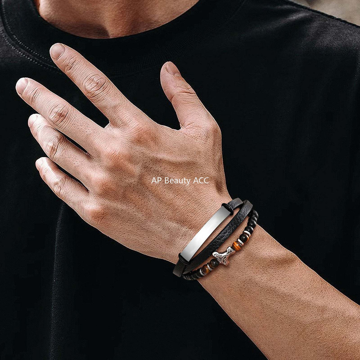 G廠-不鏽鋼彎通維京雷神錘瑪瑙虎眼石黑色超纖皮繩三層「BL-734」25.10-5