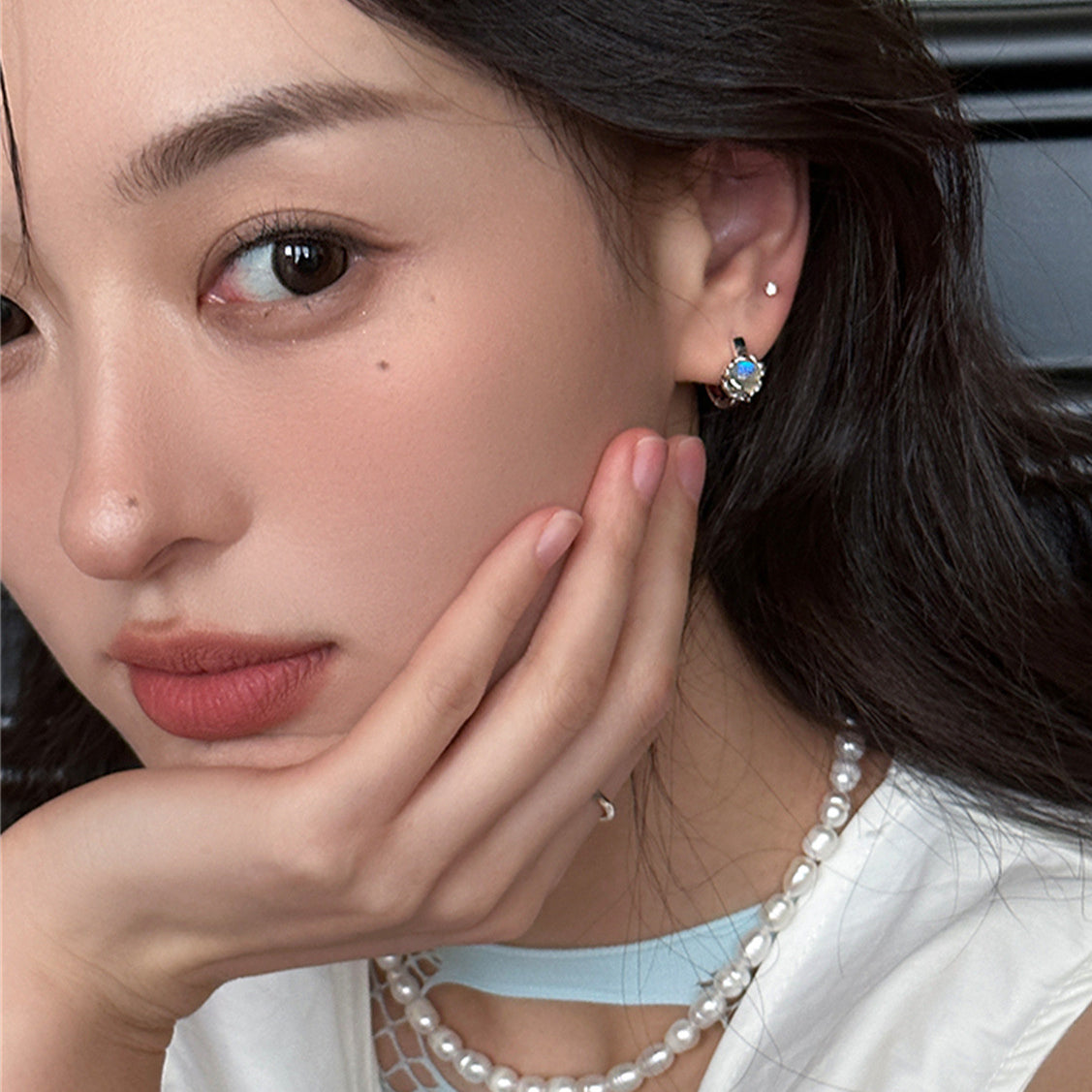 C廠-輕奢甜美月光石耳環女設計感高級小眾復古銀針耳圈百搭氣質耳扣「EH-3690」25.06-4