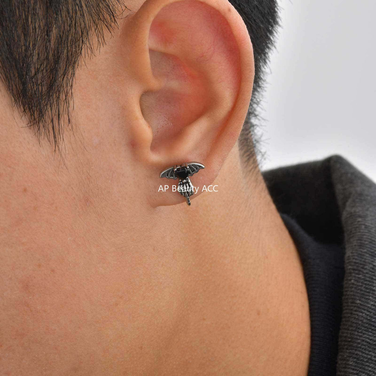 G廠-不鏽鋼心形黑鋯石翅膀耳釘酷颯個性 年輕人潮流首飾「ES-769」25.12-2