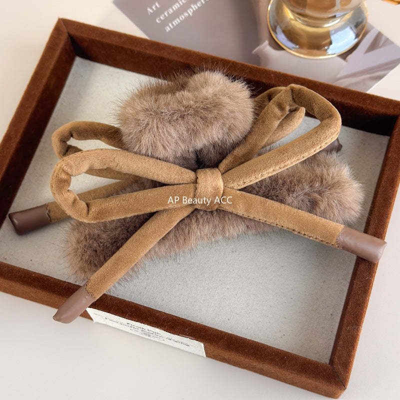 E廠-蝴蝶結兔毛抓夾女秋冬季大號後腦勺鯊魚夾髮量大高級感盤髮卡頭飾「27715」25.11-4