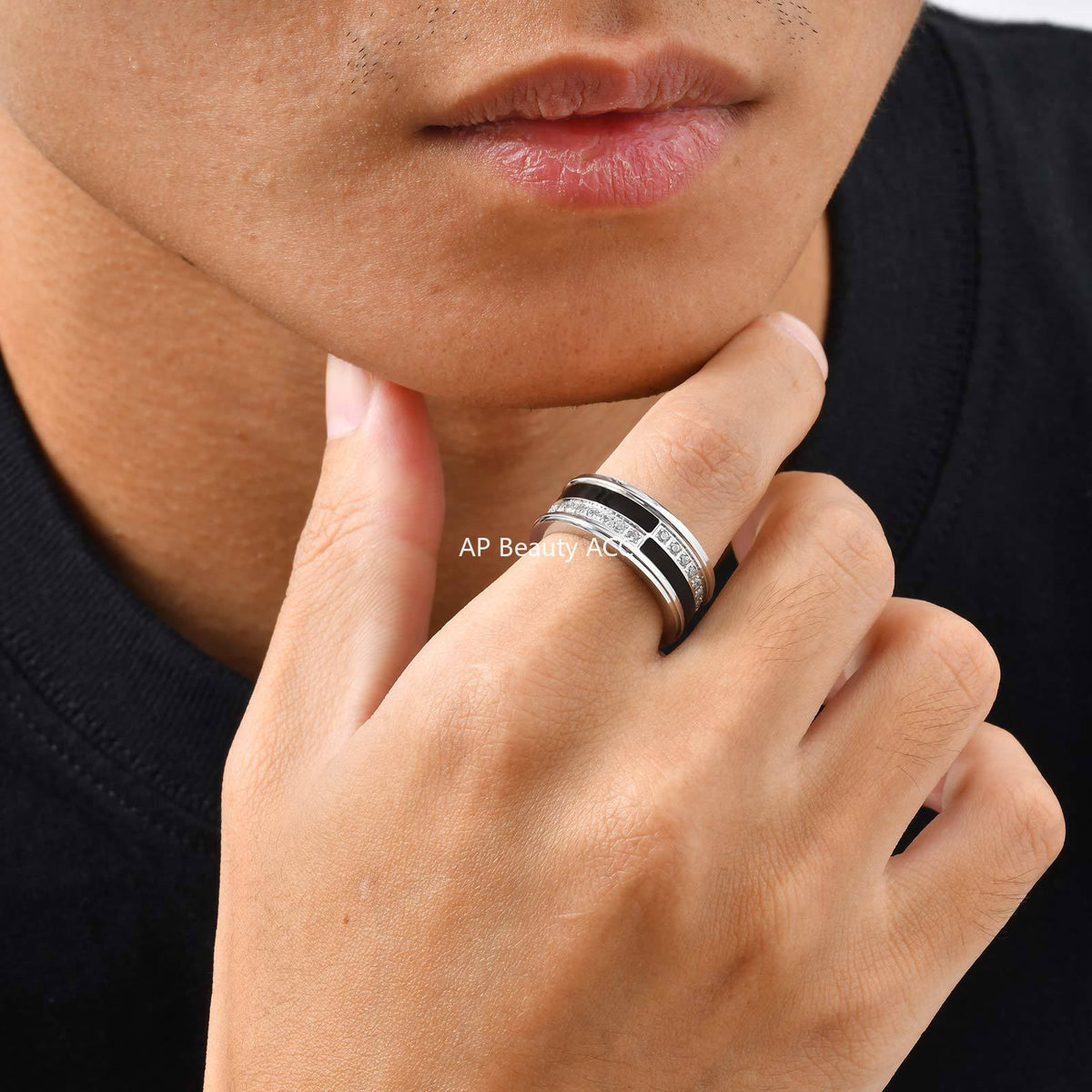 G廠-不鏽鋼男潮高級冷淡風單身指環男士簡約黑白鋯石戒指「RC-970」25.12-2