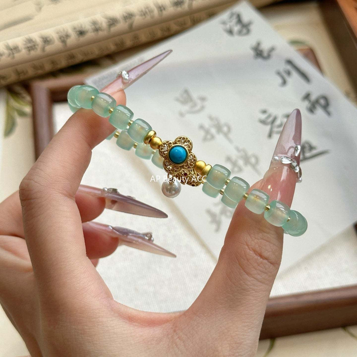 AS廠-天然綠玉髓老型珠施家珍珠設計款綠松新中式復古批發廠家直銷「l2959」25.10-5