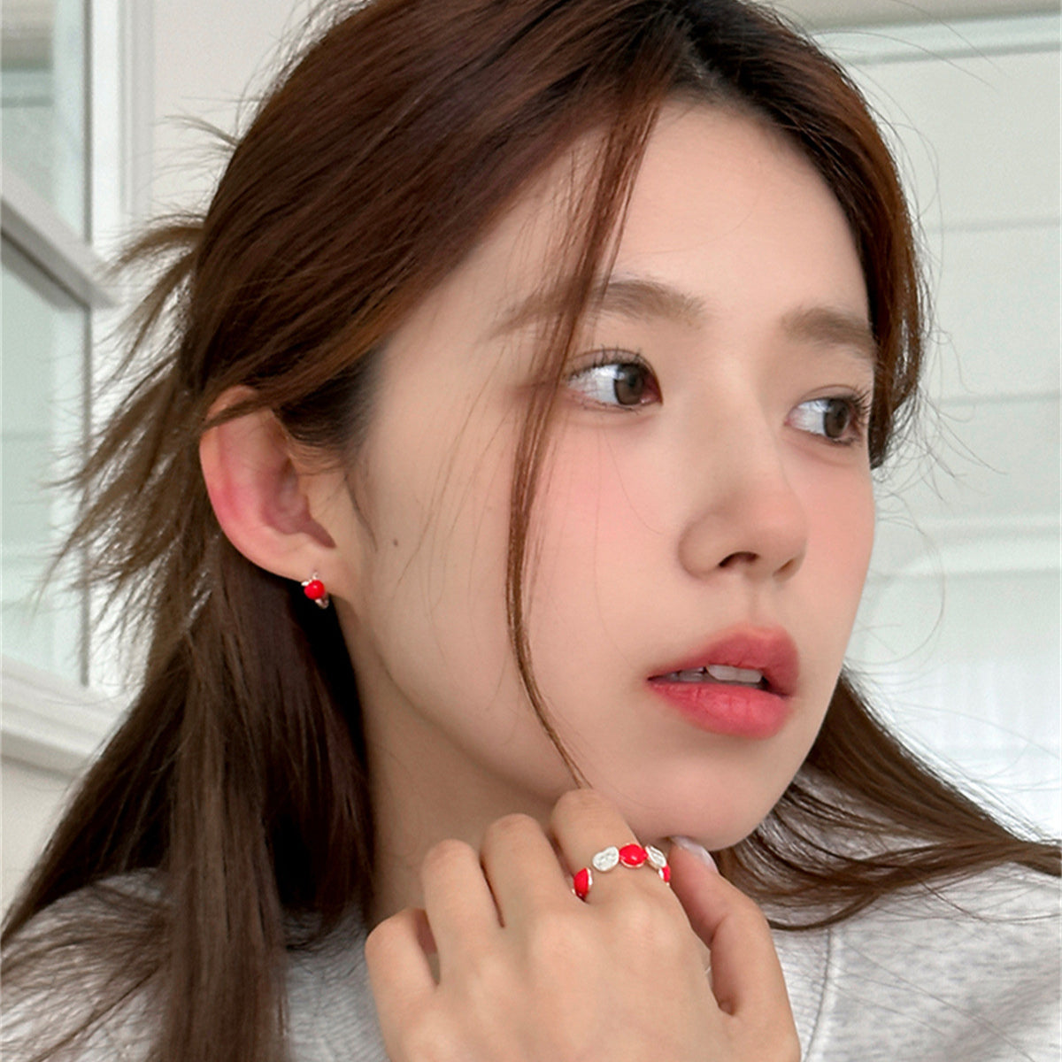 C廠-森系百搭銀針滴釉蘋果耳環女小眾設計高級時尚耳圈日常多巴胺耳飾「EH-3834」25.06-2
