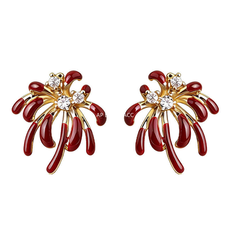 A廠-璀璨煙火微鑲鋯石琺瑯滴釉紅酒時尚高級感s925銀針新款耳飾女耳釘「7248」25.12-3