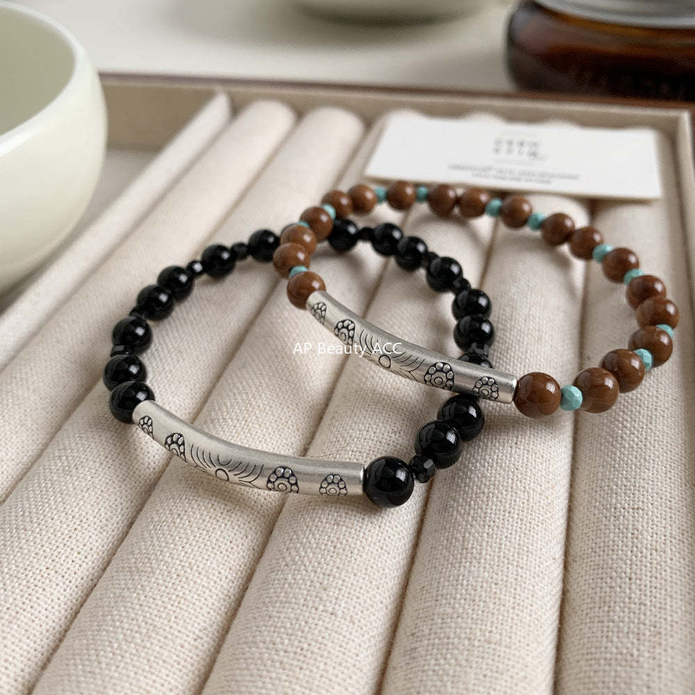 C廠-藏式古風花朵半鐲手鍊黑尖晶黑瑪瑙鋁鎂礦菩提彈力手串S925銀手鍊「1612」25.11-4