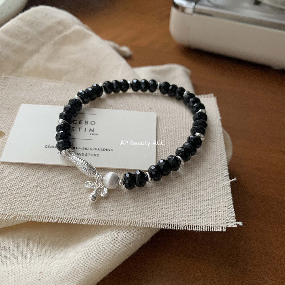 C廠-新中式錦鯉小魚葫蘆錢幣元寶黑瑪瑙串珠彈力雙層彎管S925純銀手鍊「1515」25.11-3