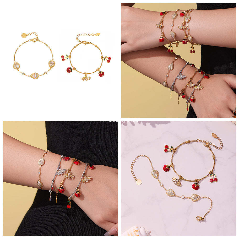 B廠-超閃5A鋯石蜜蜂昆蟲DIY多吊墜手鍊可愛櫻桃不鏽鋼材質飾品「E130-E160」25.10-5