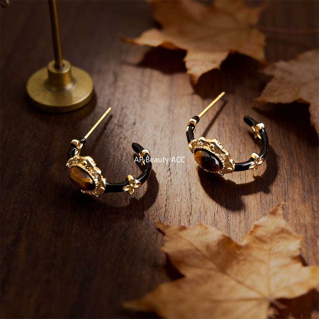 A廠-原創美拉德風格天然石虎眼石琺瑯滴釉黑金色圓形復古耳環「7238」25.12-3