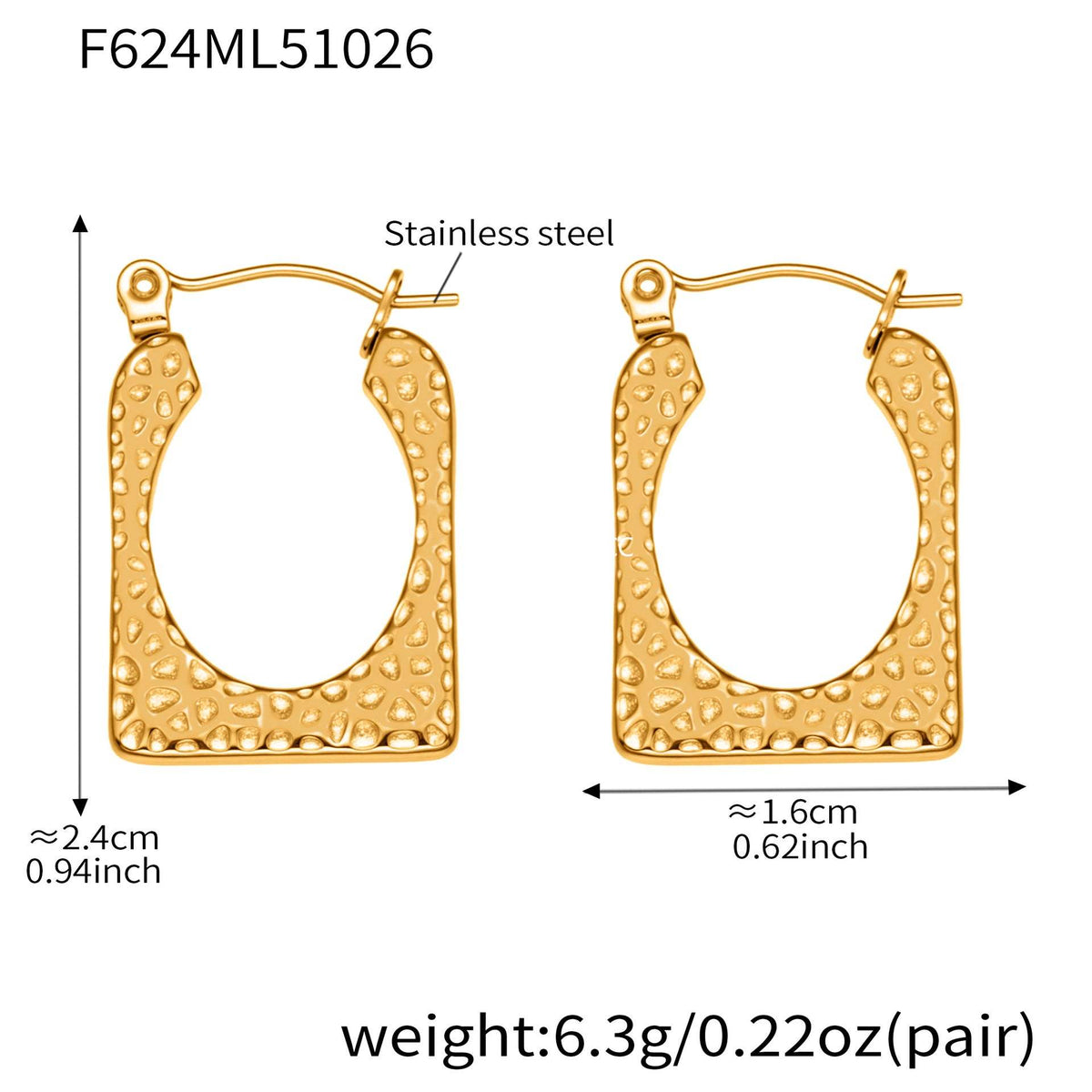 B廠-不鏽鋼幾何U型重工錘紋耳環跨境熱銷新款耳飾鍍18k金不掉色「F624」25.10-5